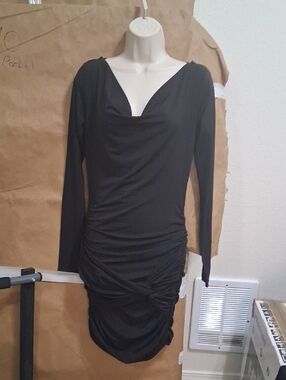 Black Long-Sleeve Draped Bodycon Dress